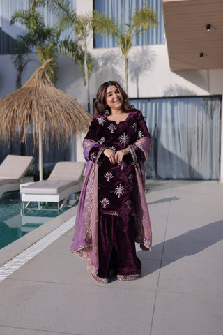 Wine Ice Velvet Palazzo Set with Fendi Sequins Dupatta ClothsVilla