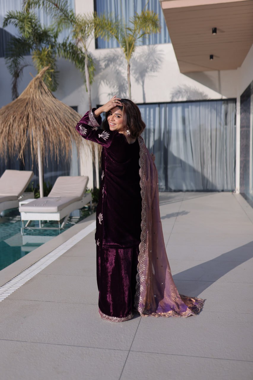 Wine Ice Velvet Palazzo Set with Fendi Sequins Dupatta ClothsVilla