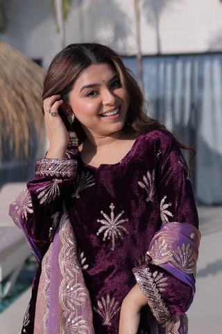 Wine Ice Velvet Palazzo Set with Fendi Sequins Dupatta ClothsVilla