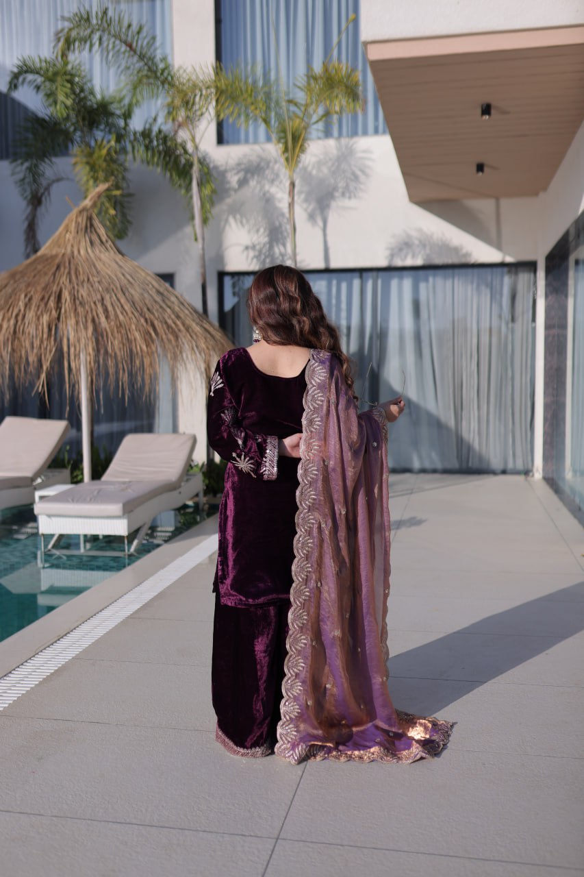 Wine Ice Velvet Palazzo Set with Fendi Sequins Dupatta ClothsVilla
