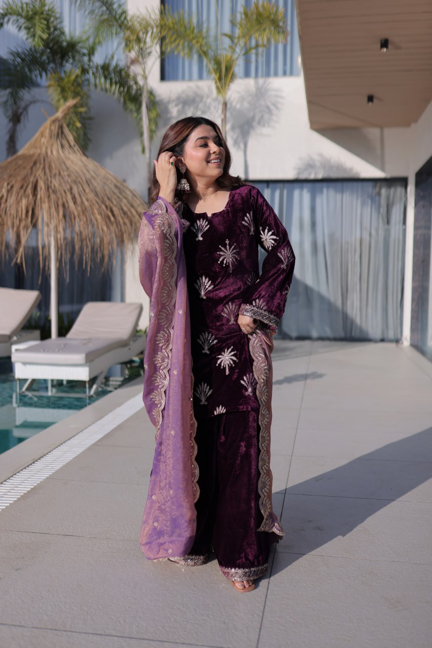 Wine Ice Velvet Palazzo Set with Fendi Sequins Dupatta ClothsVilla