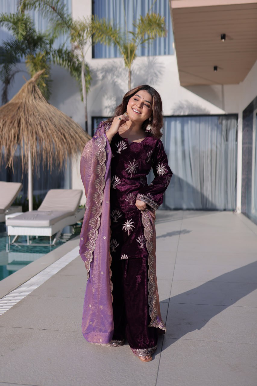 Wine Ice Velvet Palazzo Set with Fendi Sequins Dupatta ClothsVilla
