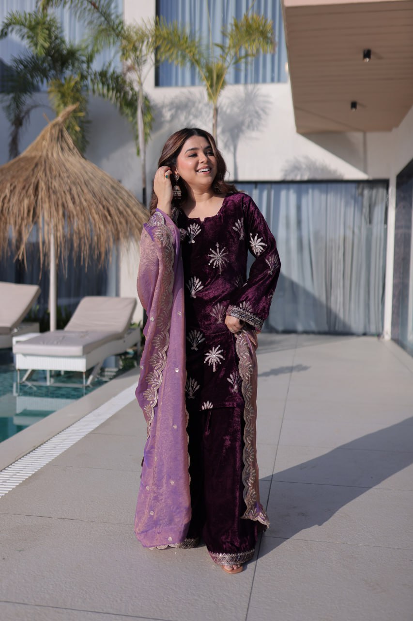 Wine Ice Velvet Palazzo Set with Fendi Sequins Dupatta ClothsVilla