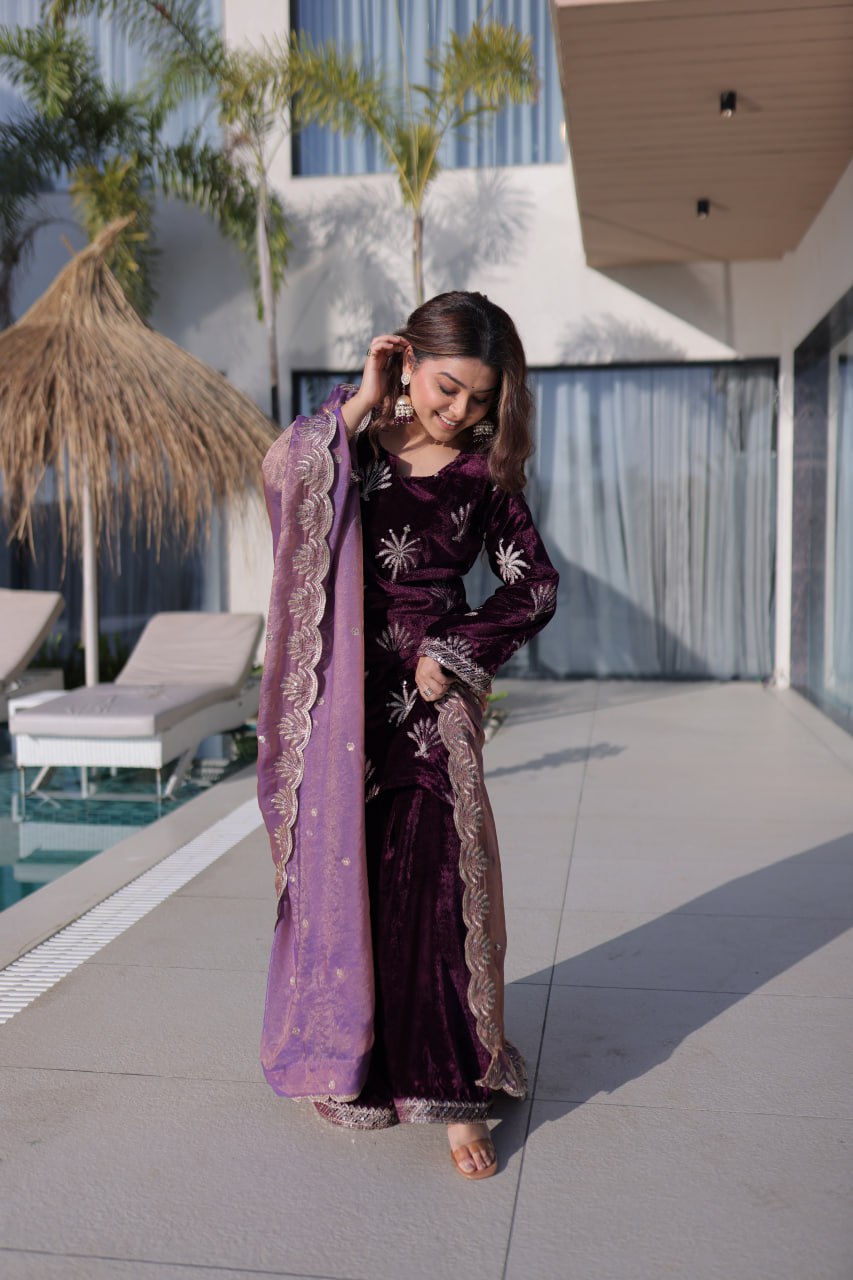 Wine Ice Velvet Palazzo Set with Fendi Sequins Dupatta ClothsVilla