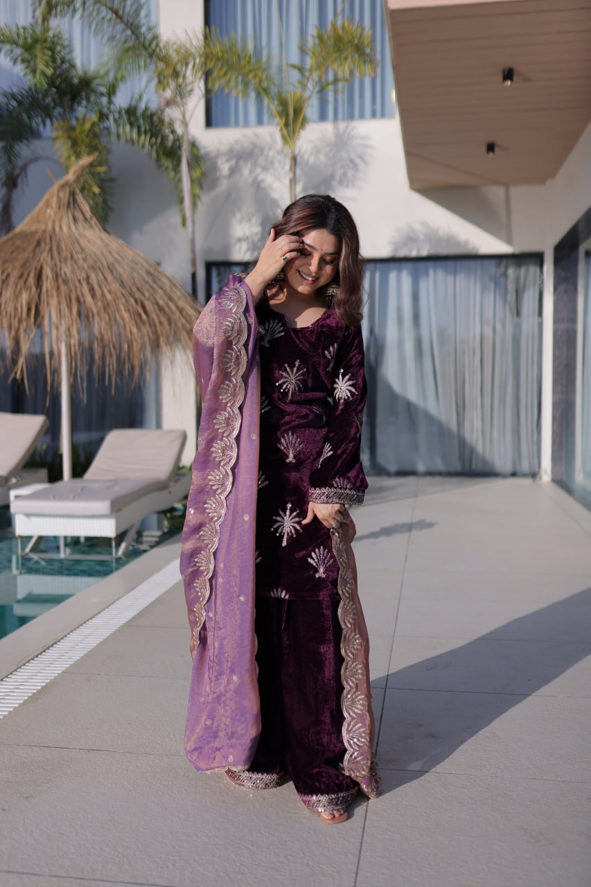 Wine Ice Velvet Palazzo Set with Fendi Sequins Dupatta ClothsVilla