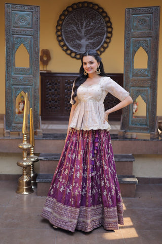 Wine Jacquard Designer Festive Lehenga ClothsVilla