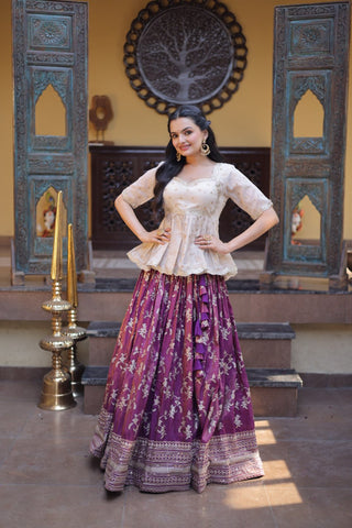 Wine Jacquard Designer Festive Lehenga ClothsVilla