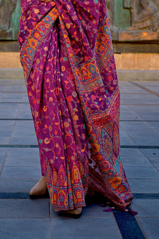 Wine Jamawar Woven Organza Silk Saree – Traditional Elegance with Blouse Piece ClothsVilla