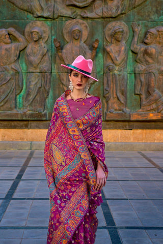 Wine Jamawar Woven Organza Silk Saree – Traditional Elegance with Blouse Piece ClothsVilla