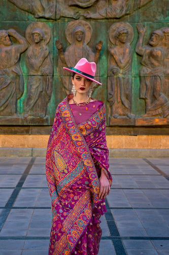 Wine Jamawar Woven Organza Silk Saree – Traditional Elegance with Blouse Piece ClothsVilla