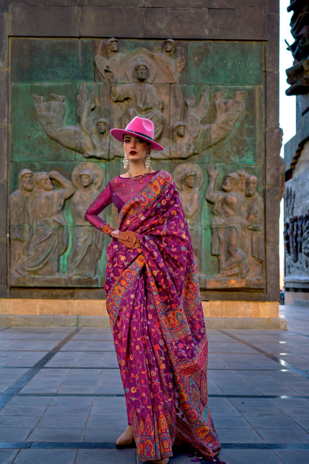 Wine Jamawar Woven Organza Silk Saree – Traditional Elegance with Blouse Piece ClothsVilla