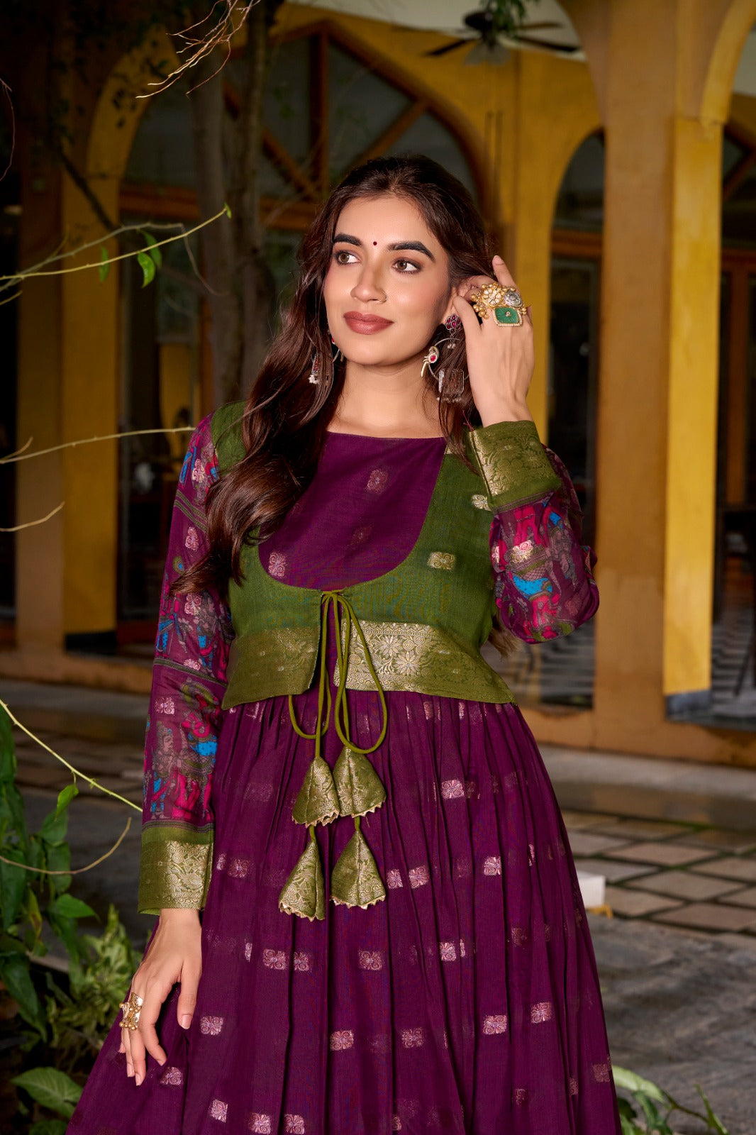 Wine Kalamkari Printed Poly Cotton Gown with Zari Weaving Koti Set ClothsVilla
