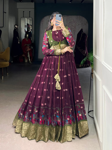 Wine Kalamkari Printed Poly Cotton Gown with Zari Weaving Koti Set ClothsVilla
