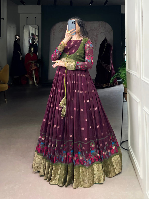 Wine Kalamkari Printed Poly Cotton Gown with Zari Weaving Koti Set ClothsVilla