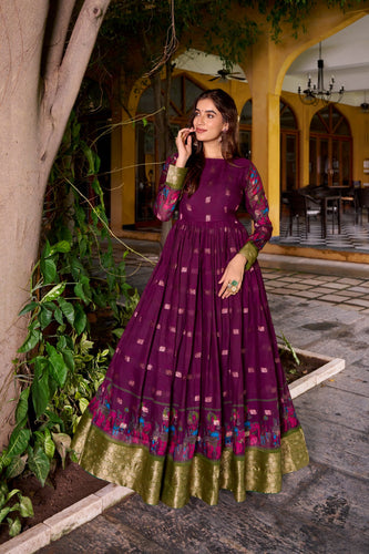 Wine Kalamkari Printed Poly Cotton Gown with Zari Weaving Koti Set ClothsVilla