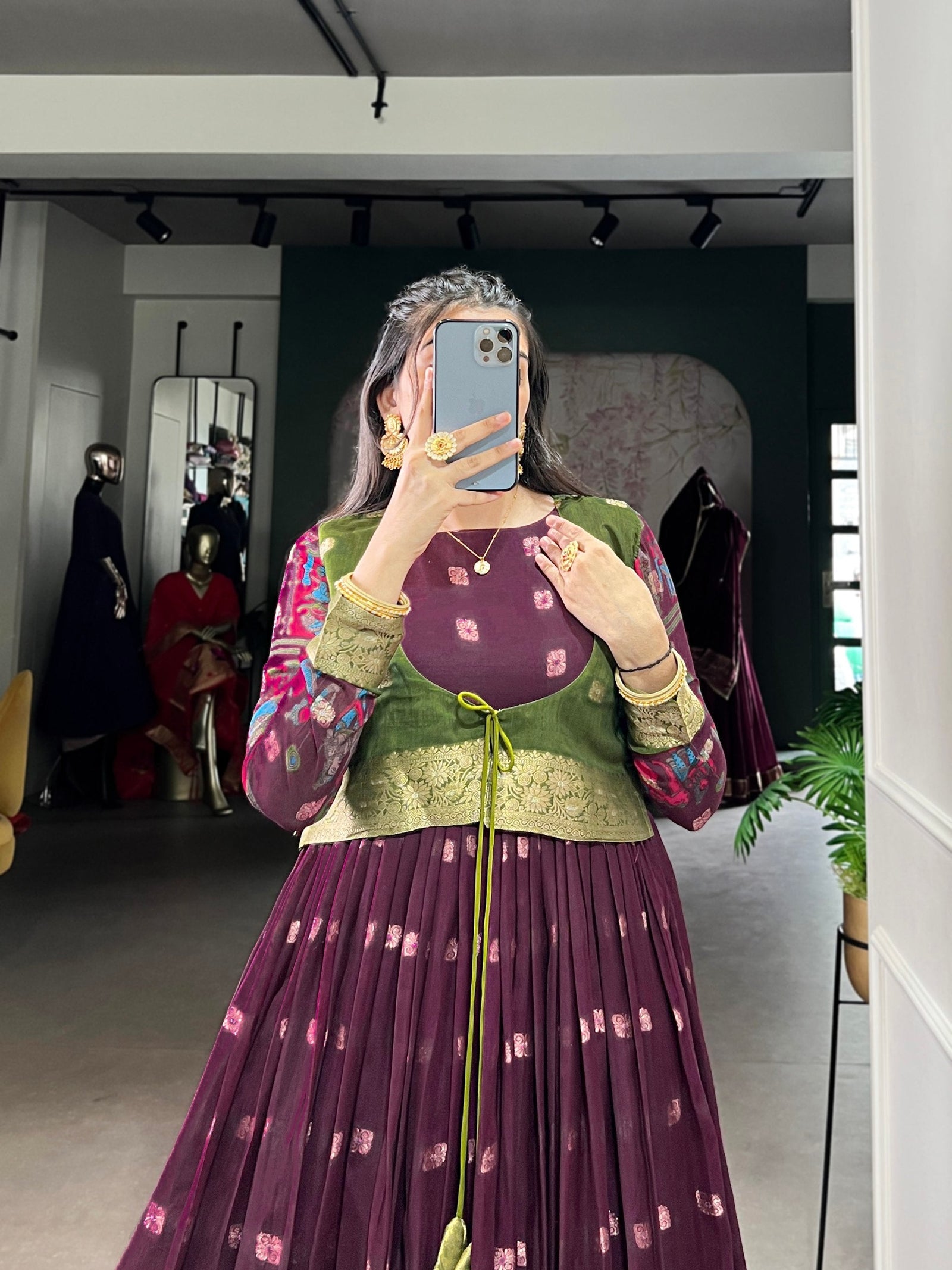 Wine Kalamkari Printed Poly Cotton Gown with Zari Weaving Koti Set ClothsVilla