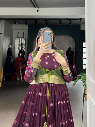 Wine Kalamkari Printed Poly Cotton Gown with Zari Weaving Koti Set ClothsVilla