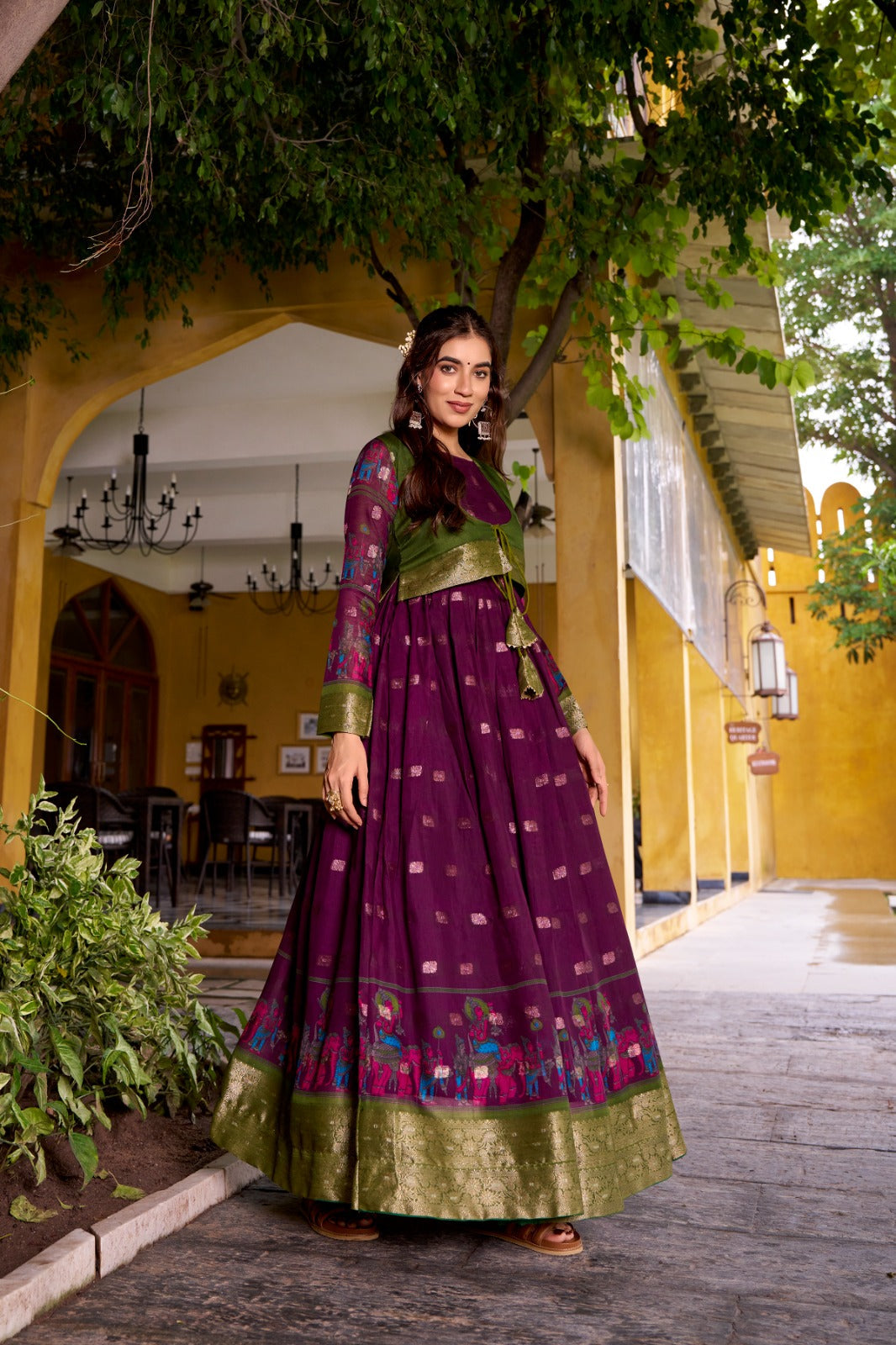 Wine Kalamkari Printed Poly Cotton Gown with Zari Weaving Koti Set ClothsVilla