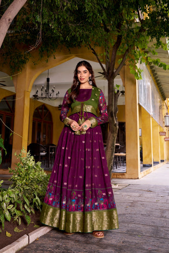 Wine Kalamkari Printed Poly Cotton Gown with Zari Weaving Koti Set ClothsVilla