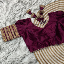 Load image into Gallery viewer, Wine Kilmora Silk Blouse with Handcrafted Embroidery and Sequence Accents ClothsVilla