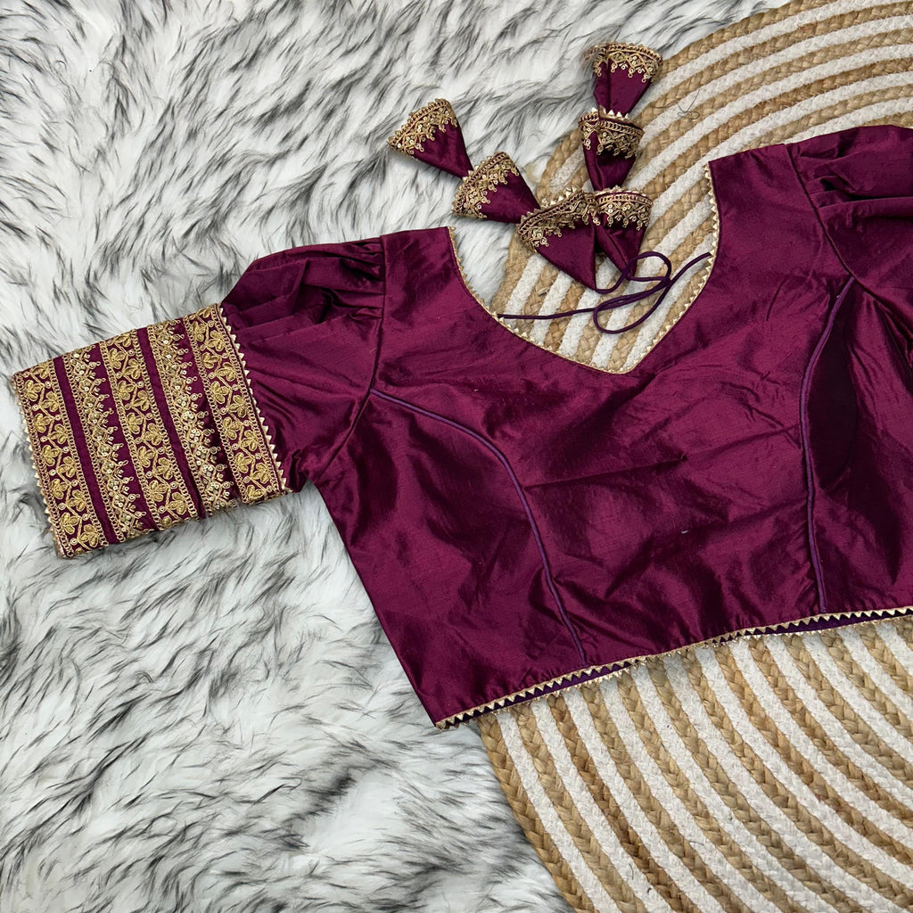 Wine Kilmora Silk Blouse with Handcrafted Embroidery and Sequence Accents ClothsVilla