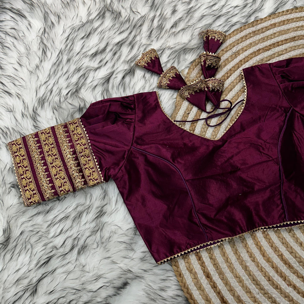 Wine Kilmora Silk Blouse with Handcrafted Embroidery and Sequence Accents ClothsVilla