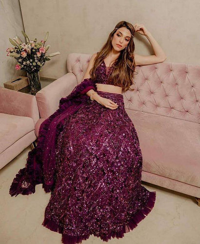 Wine Luxe Velvet Sequin Lehenga – Festive Glow Clothsvilla