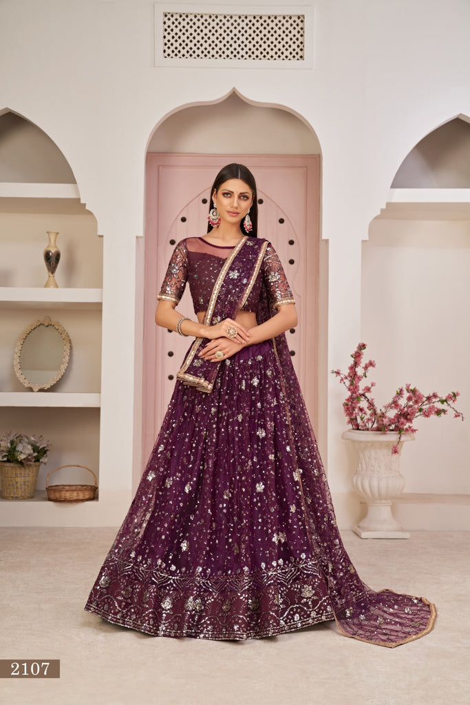 Wine Luxurious Butterfly Net Lehenga with All-Over Embroidery Clothsvilla