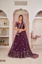 Load image into Gallery viewer, Wine Luxurious Butterfly Net Lehenga with All-Over Embroidery Clothsvilla