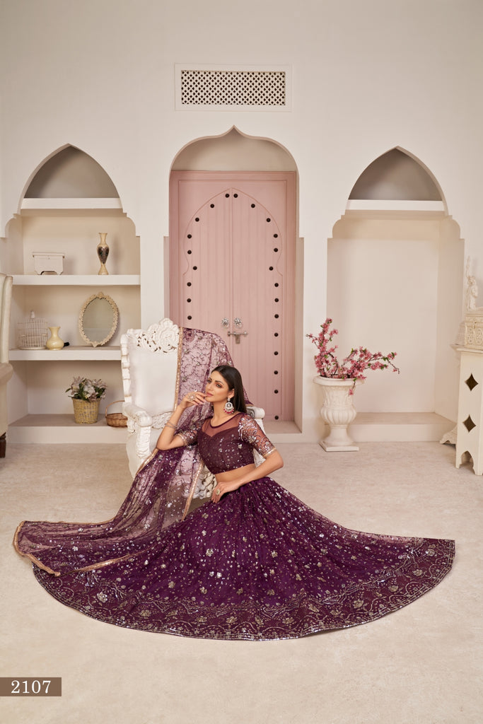 Wine Luxurious Butterfly Net Lehenga with All-Over Embroidery Clothsvilla