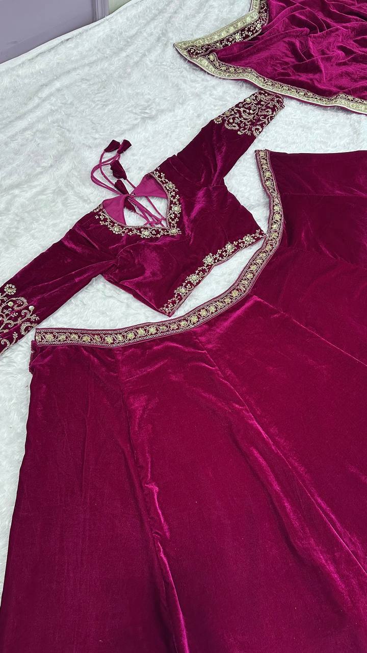 Wine Luxurious Velvet Lehenga Set with Sequins, Dori & Zari Work — For the Unconventional Diva ClothsVilla