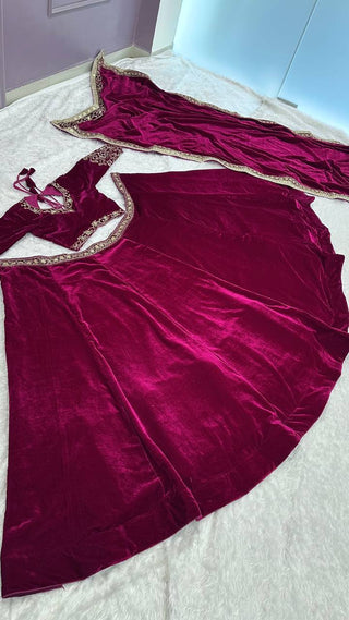 Wine Luxurious Velvet Lehenga Set with Sequins, Dori & Zari Work — For the Unconventional Diva ClothsVilla