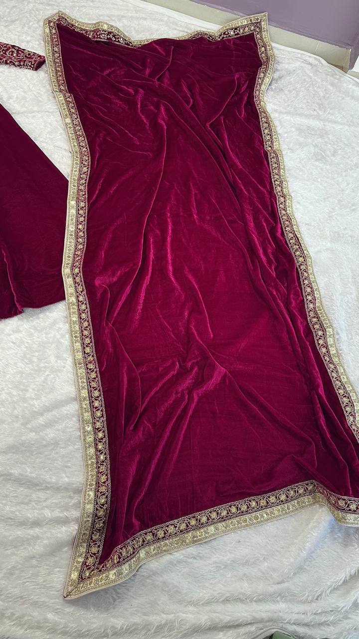 Wine Luxurious Velvet Lehenga Set with Sequins, Dori & Zari Work — For the Unconventional Diva ClothsVilla
