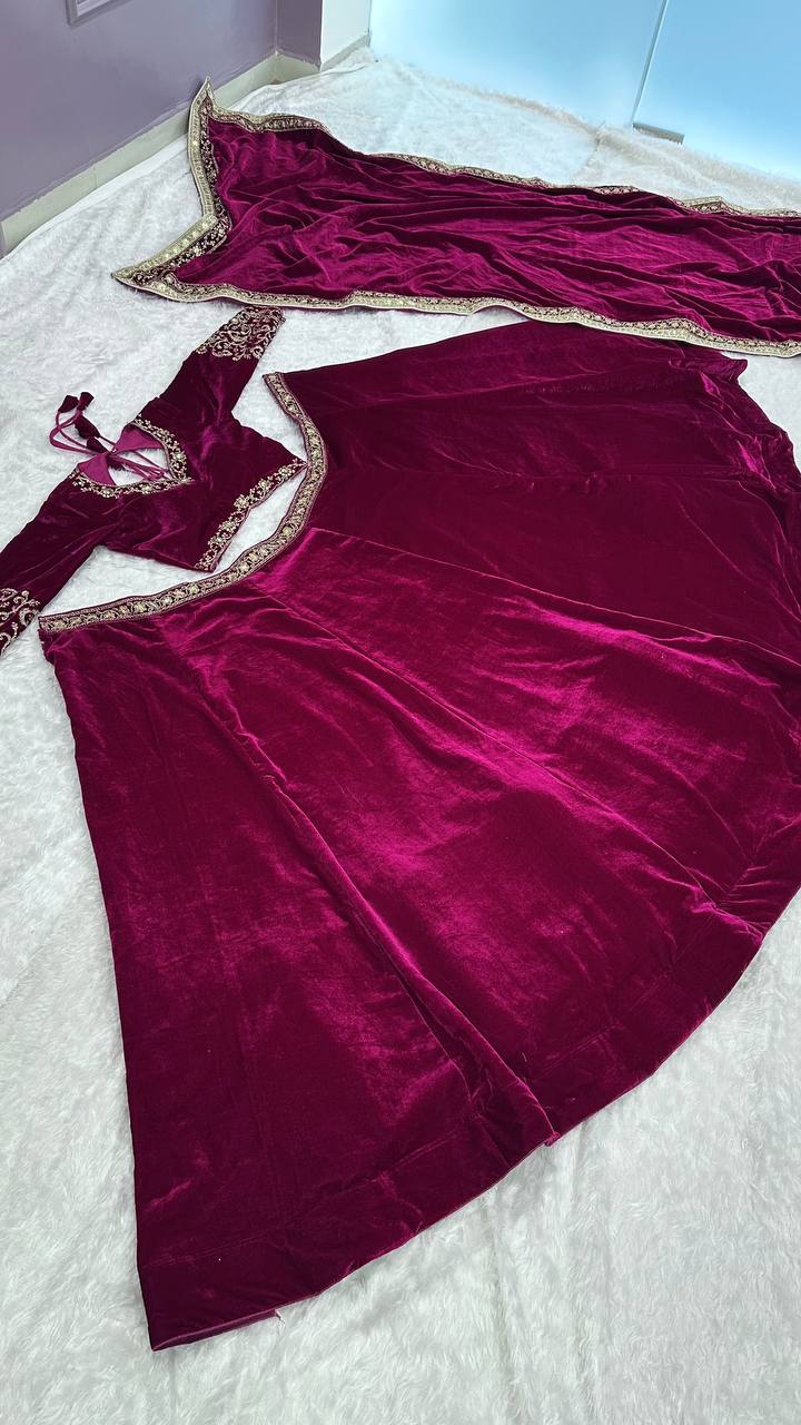 Wine Luxurious Velvet Lehenga Set with Sequins, Dori & Zari Work — For the Unconventional Diva ClothsVilla