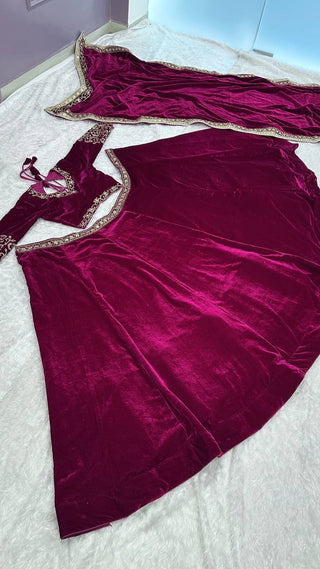 Wine Luxurious Velvet Lehenga Set with Sequins, Dori & Zari Work — For the Unconventional Diva ClothsVilla