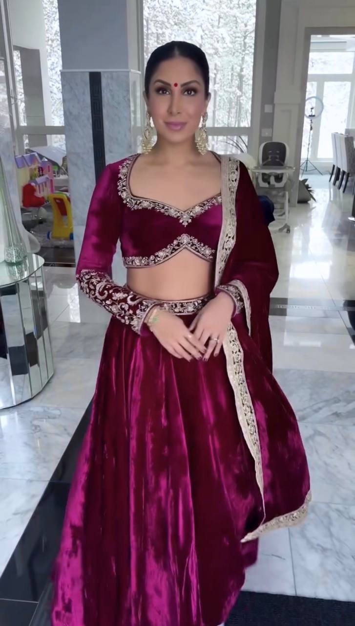 Wine Luxurious Velvet Lehenga Set with Sequins, Dori & Zari Work Secondary image