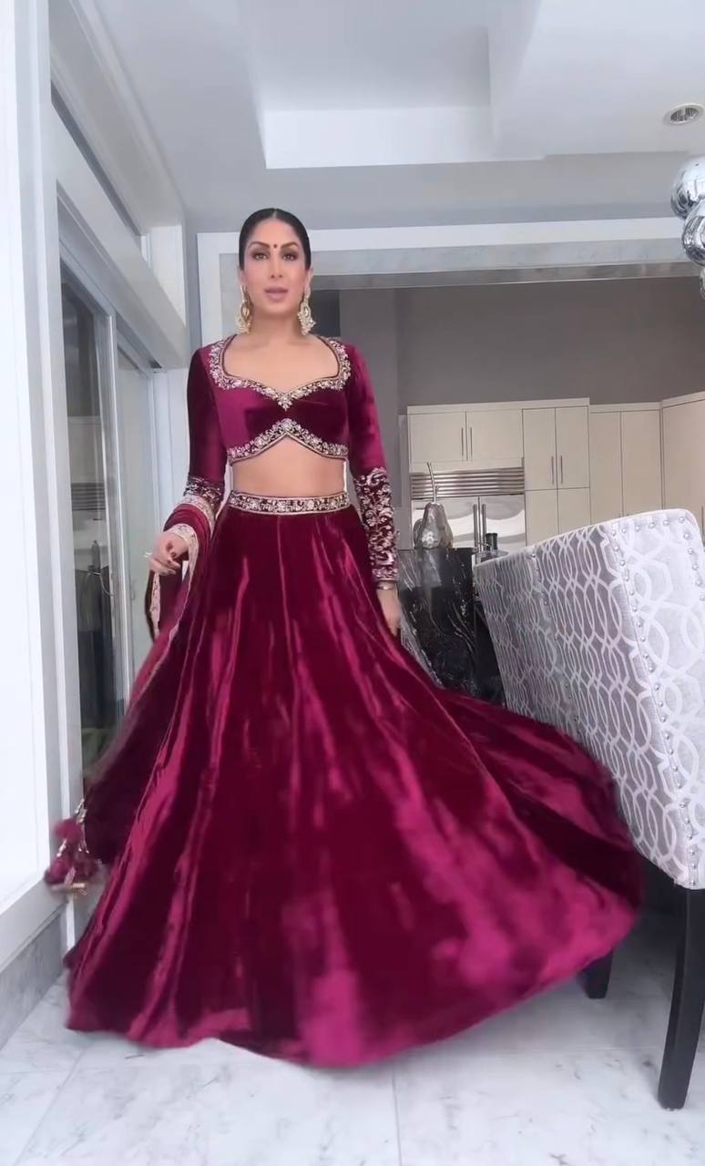 Wine Luxurious Velvet Lehenga Set with Sequins, Dori & Zari Work — For the Unconventional Diva ClothsVilla