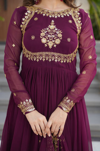 Wine Luxury Designer Faux Blooming Georgette Gown with Zari & Sequin Embroidery ClothsVilla