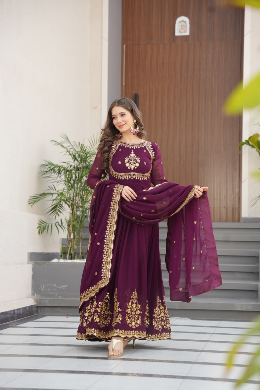 Wine Luxury Designer Faux Blooming Georgette Gown with Zari & Sequin Embroidery ClothsVilla