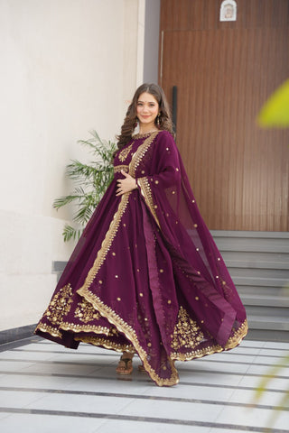 Wine Luxury Designer Faux Blooming Georgette Gown with Zari & Sequin Embroidery ClothsVilla