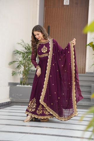 Wine Luxury Designer Faux Blooming Georgette Gown with Zari & Sequin Embroidery ClothsVilla