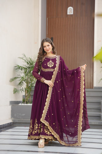 Wine Luxury Designer Faux Blooming Georgette Gown with Zari & Sequin Embroidery ClothsVilla