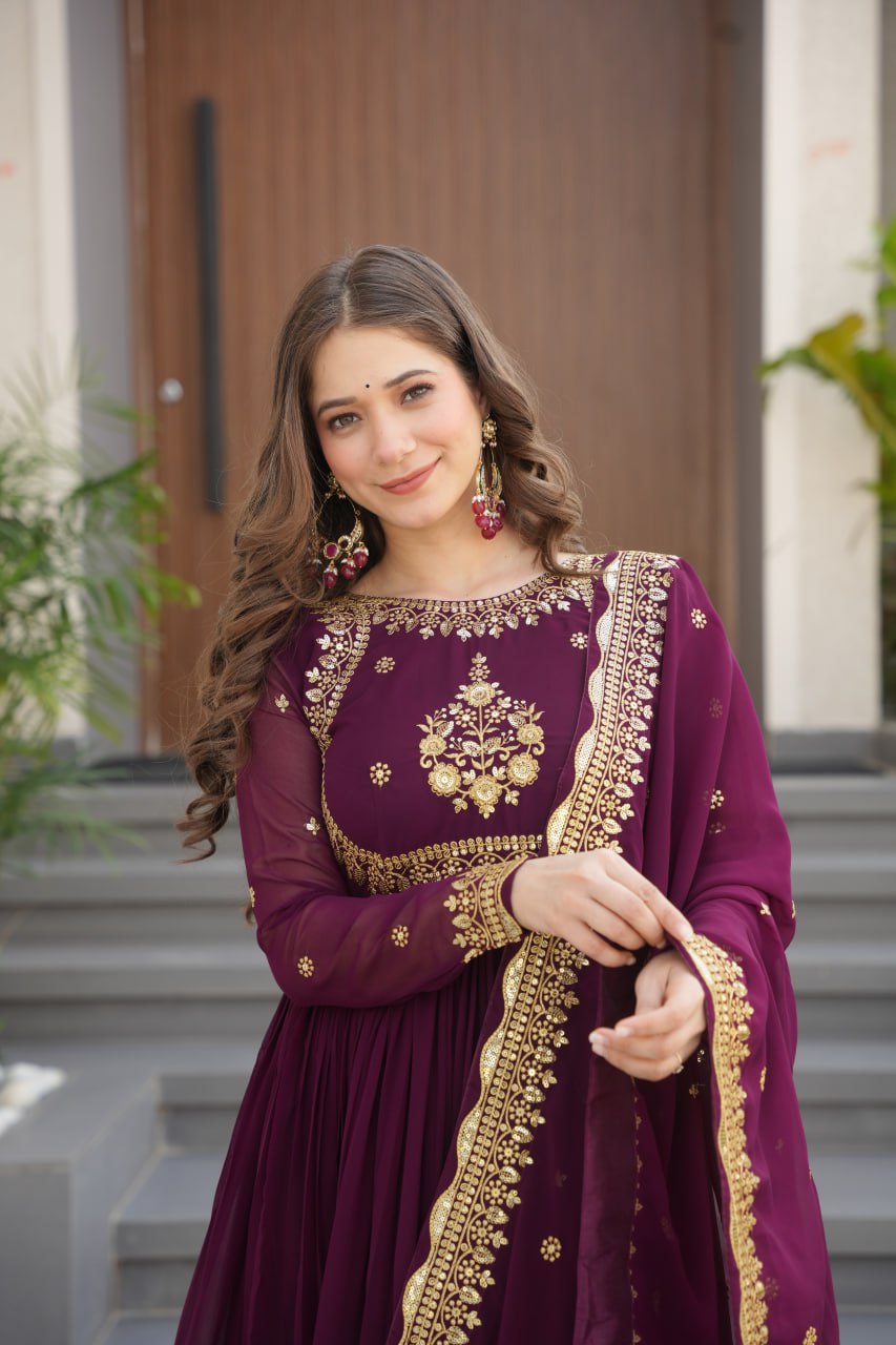 Wine Luxury Designer Faux Blooming Georgette Gown with Zari & Sequin Embroidery ClothsVilla