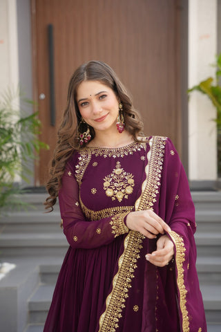 Wine Luxury Designer Faux Blooming Georgette Gown with Zari & Sequin Embroidery ClothsVilla