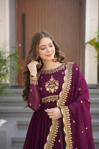 Wine Luxury Designer Faux Blooming Georgette Gown with Zari & Sequin Embroidery ClothsVilla