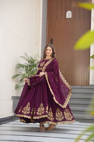 Wine Luxury Designer Faux Blooming Georgette Gown with Zari & Sequin Embroidery ClothsVilla