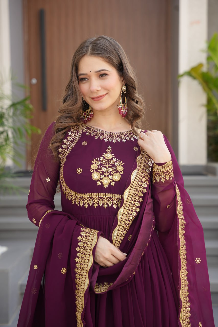 Wine Luxury Designer Faux Blooming Georgette Gown with Zari & Sequin Embroidery ClothsVilla
