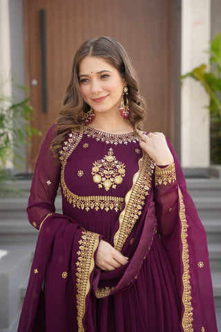 Wine Luxury Designer Faux Blooming Georgette Gown with Zari & Sequin Embroidery ClothsVilla