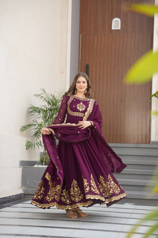 Wine Luxury Designer Faux Blooming Georgette Gown with Zari & Sequin Embroidery ClothsVilla