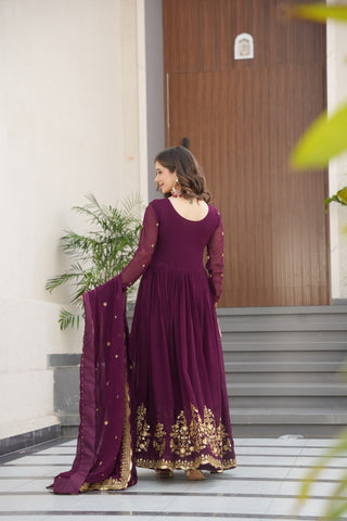 Wine Luxury Designer Faux Blooming Georgette Gown with Zari & Sequin Embroidery ClothsVilla